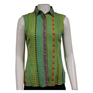Versace Womens Sleeveless Button Down Shirt US 40 Green Yellow Silk